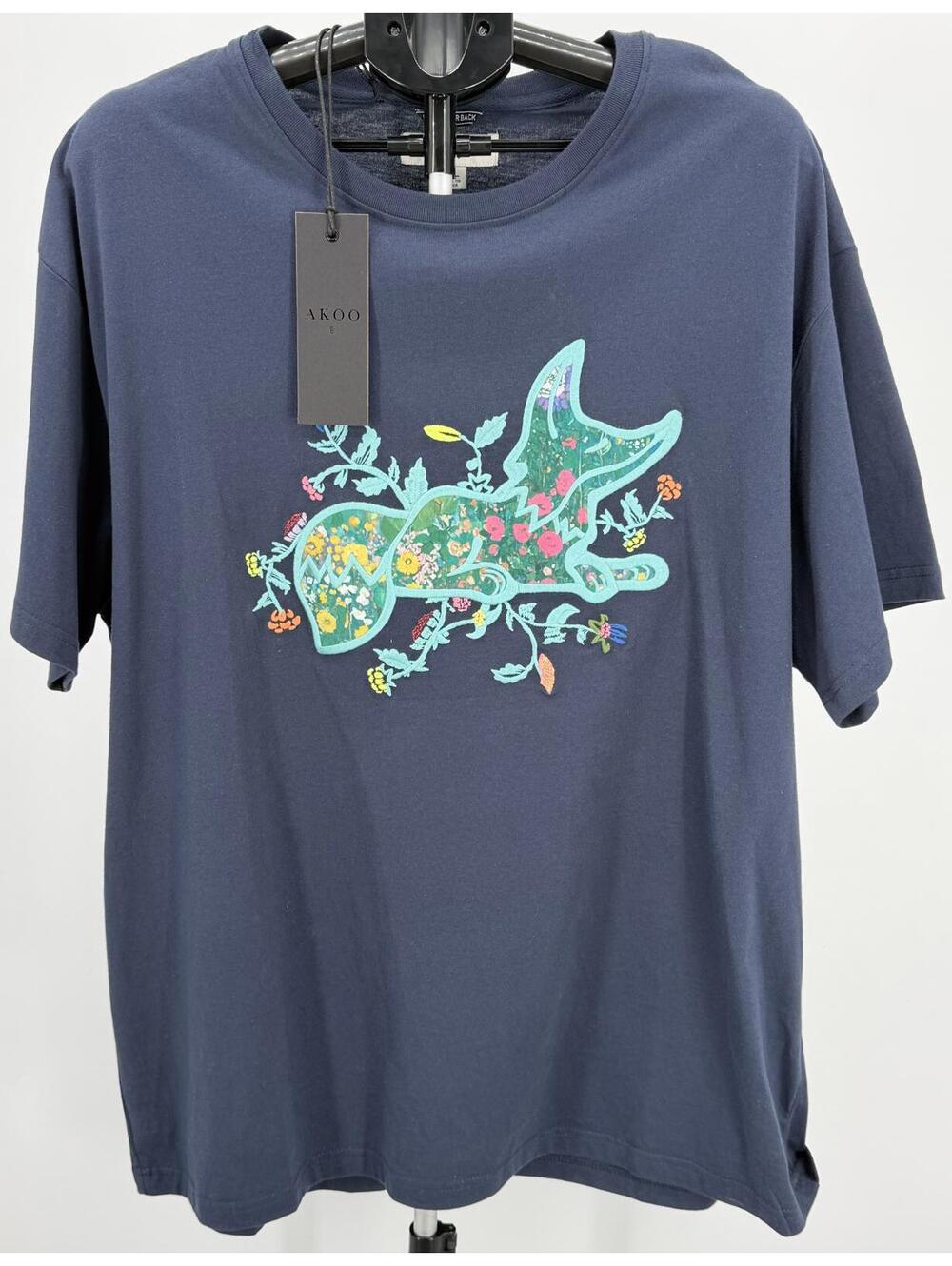Evolution Navy Floral Embroidered Dog Graphic T-Shirt Casual Unisex